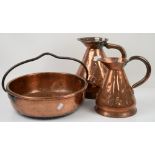 19th century copper jug together with another smaller example and a copper preserve pot.