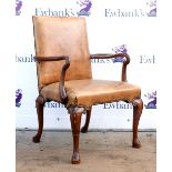 20th century mahogany shepherds crook armchair on cabriole legs and faux leather upholstery.