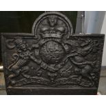 Cast iron fire back with arched cresting bearing the Royal Coat of Arms and dated 1664, 63cm x 71cm