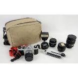 Pentax S1 camera body with Auto-akumatr 1:22/55 lens, XR. Rikenon 1:2 50mm lens, Petri 1:28/135