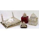 Composite marble model of the Taj Mahal, damaged, H27 x W31 x D31cm, together with two smaller