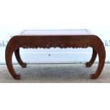Chinese hardwood low table with scrolled frieze on scrolled supports. 92W x 41H x 46D