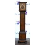 19th century oak grandmothers clock with three train movement and brass weathered face with barley