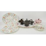 Minton cup and saucer in white with gilt decoration, Minton Haddon Hall serving platters, wine