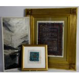 Three mixed media artworks with geometric design in thread on handmade paper, signed Penelope