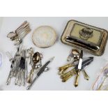 Silver plated items to include cutlery, entrée dish and other items