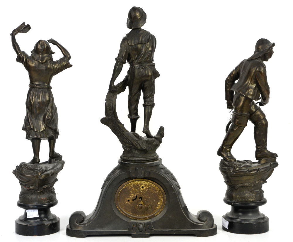 Late 19th/early 20th century French patinated spelter clock garniture modelled with a fisherman - Image 7 of 7