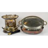 A silver plated burner with two copper pans for crepe suzette, Bradleigh Plate, in two Tarnprufe