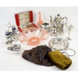 Silver cream jug, sugar bowl and sugar tongs, moulded glass table centre, plated tea pot bowls and