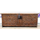 19th century floral carved oak panelled coffer. 107W x 42H x 41D