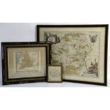 Three hand-coloured maps, to include a map of England engraved by A. Bell, 1790, 18 x 21cm; a map of