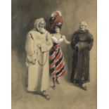 Late 19th century watercolour of lady, priest and monk, signed and dated '96 to top left, 30.5 x