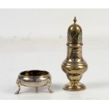 Large silver pepperette, B'ham 1905, and a cauldron shaped open salt, London 1769