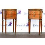 Pair of 20th century French mahogany brass mounted bed side tables with marquetry inlaid top