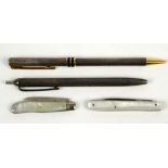 Victorian silver fruit knife, Sheffield 1862, another fruit knife and two silver biro pens (4)