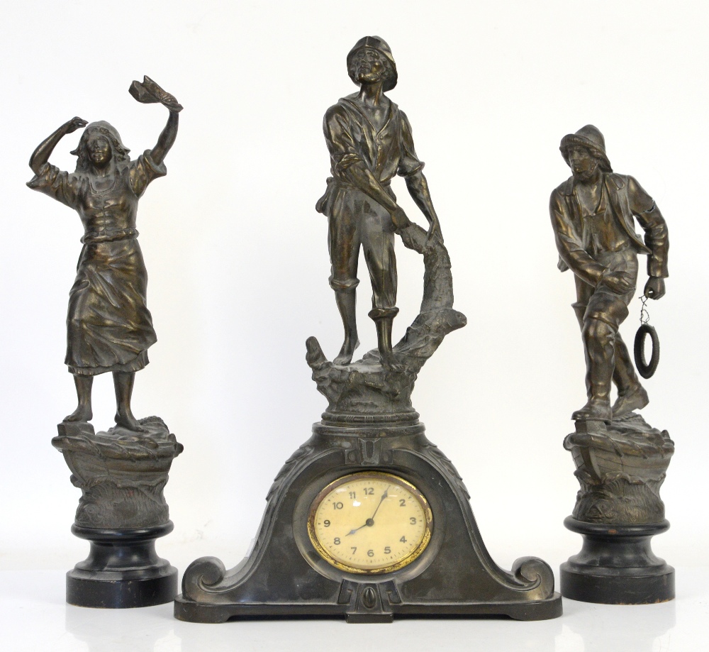 Late 19th/early 20th century French patinated spelter clock garniture modelled with a fisherman - Image 2 of 7