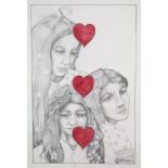 Sean Jefferson (British, b.1957). '3 of Hearts'. Graphite and coloured crayon on paper. Image