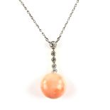 Early 20th C drop coral necklace, set with an articulated row of five old cut diamonds, estimated