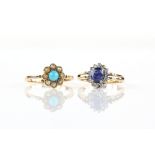 Two rings, a sapphire doublet and diamond cluster ring, mount stamped 14 ct gold, ring size M 1/2