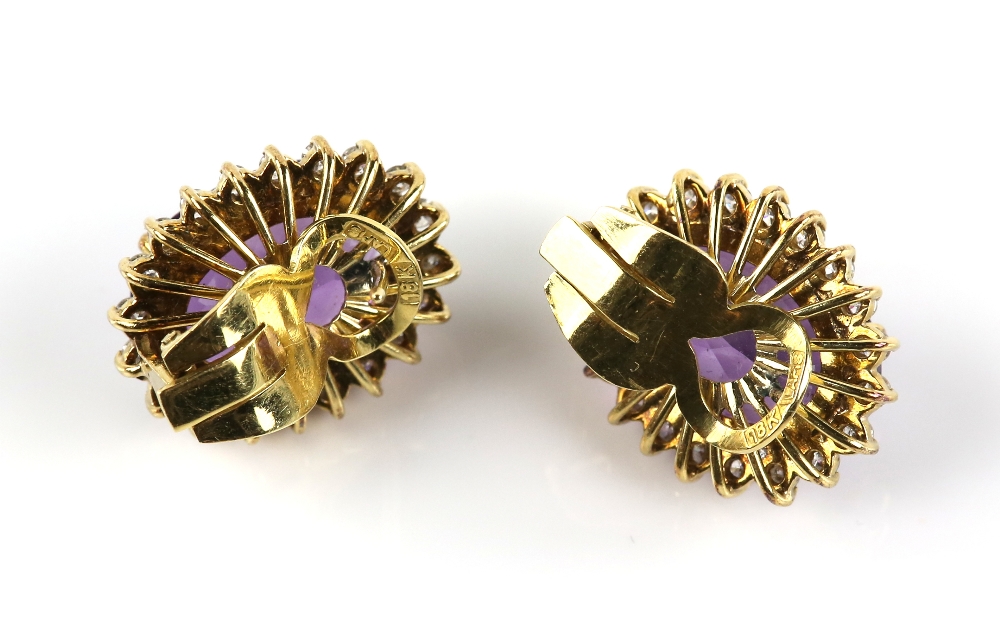 Pair of amethyst and diamond oval cluster earrings, featuring large oval faceted amethysts, - Image 2 of 2