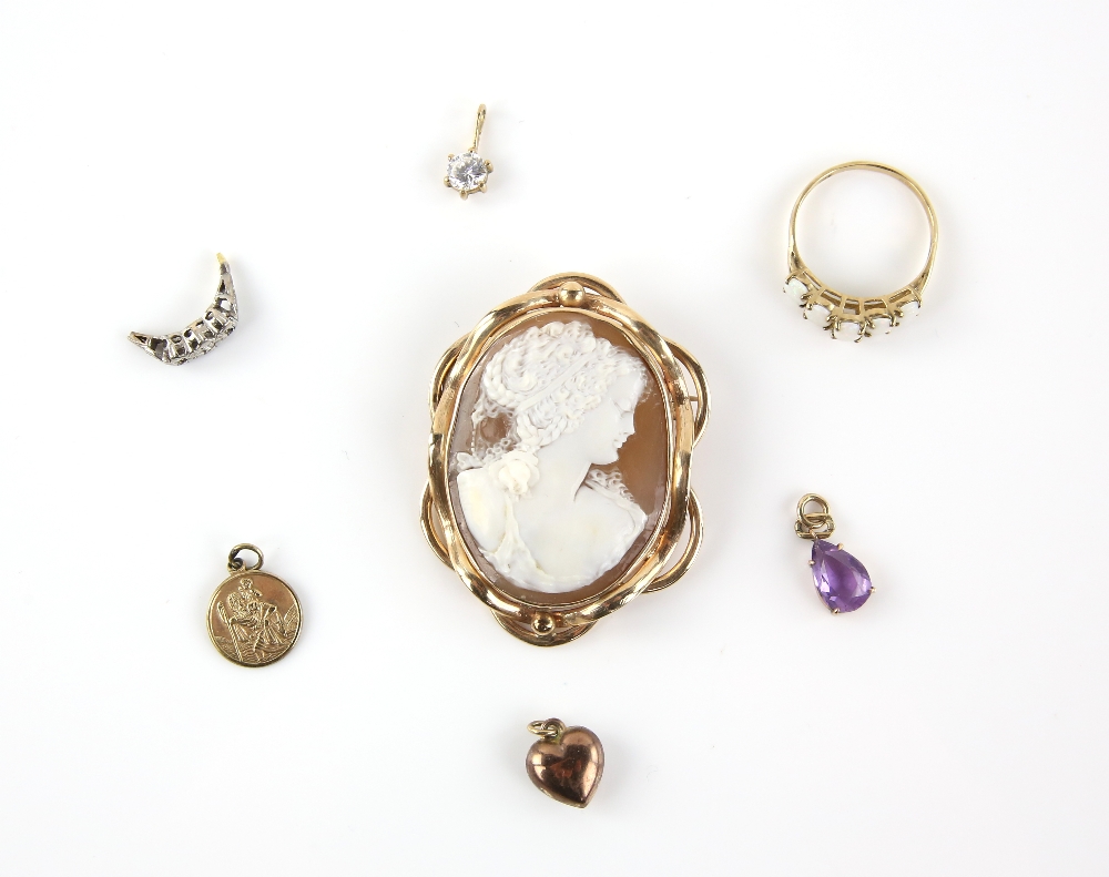 Victorian shell cameo brooch, 5.2 x 4cm, pin and catch fitting, modern five stone opal ring,