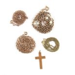 Vintage gold cross pendant, a belcher chain set with four pearls, 41.5cm in length, and three