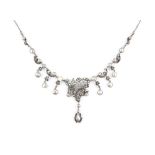 Antique scroll and drop necklace, set with blister pearls and rose cut diamonds, mounted in silver
