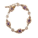 Edwardian bracelet, five fancy links set with oval cut amethysts, alternately set with round