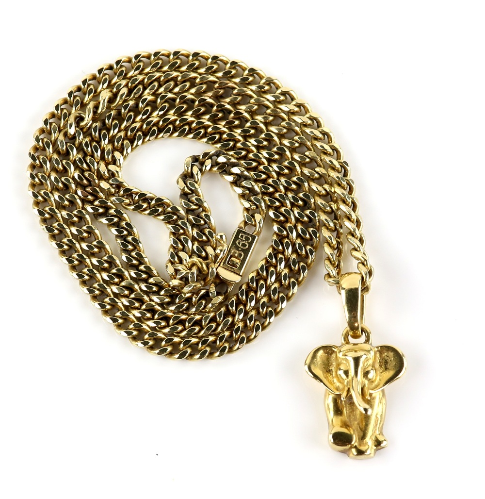 Gold elephant pendant, with articulated bail, 3.2 x 1.8cm, stamped 18 ct and a flat curb link chain, - Image 2 of 2