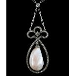 Early 20th Century baroque pearl and diamond drop pendant brooch, the pink hued pearl is suspended