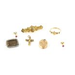 Mixed group of jewellery, including a Victorian bar brooch, central heart set with a diamond, ruby