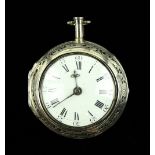 A George II silver pair cased pocket watch, the white enamel dial with Roman numeral hour markers