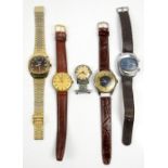 Memostar alarm wrist watch, 17 jewel incabloc, blue face, baton markers, on brown leather strap,