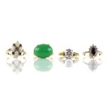 Four rings, one green quartz ring, mount stamped 18 ct, ring size P, another set with opal and