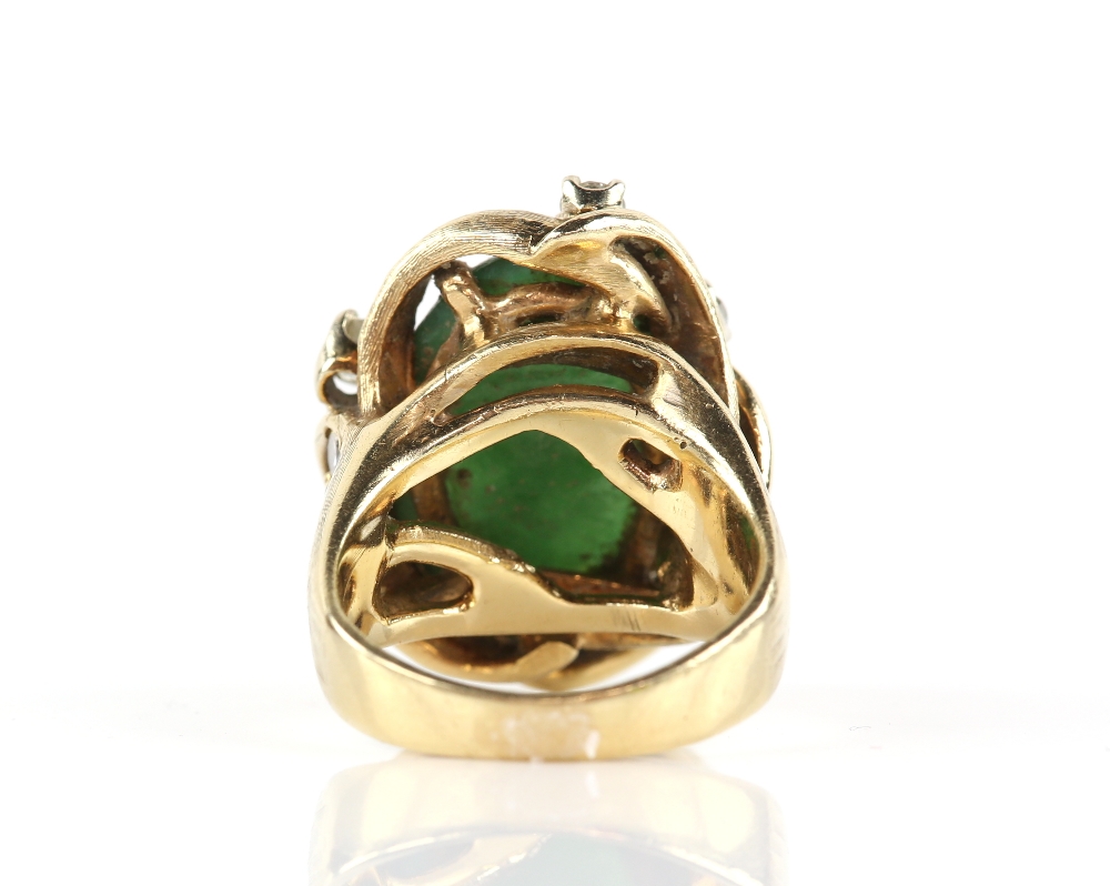 Nephrite jade and diamond ring, oval cabochon cut nephrite measuring an estimated 19.8 x 13.8 x 4. - Image 3 of 3