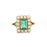 Emerald and pearl rectangular cluster ring, baguette cut emerald, weighing an estimated 0.95