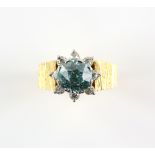 Vintage blue zircon and diamond cluster ring, structural patterned shoulders, marked for 18 ct, ring