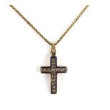 Early 20th century rose cut diamond cross pendant, with blue enamel border, 2.1 x 1.5cm, testing