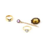 Mixed group of gold jewellery, including a vintage single stone diamond ring, with leaf detail on