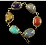 1960's hardstone 'pebble' bracelet, set with vari-shaped cabochons, including tigers eye,