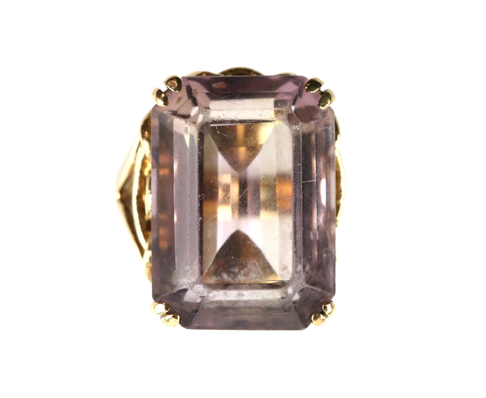 Amethyst cocktail ring, rectangular step cut amethyst weighing an estimated 27.67 carats, in a