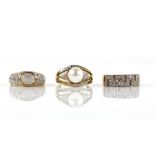 Three rings, comprising a pearl and diamond ring, with a central 9.2mm pearl with diamond detail,