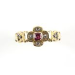 Victorian ruby and diamond ring, central square cut ruby set in a quatrefoils setting surrounded
