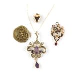 Victorian heart pendant, set with seed pearls, on a fine curb chain, stamped 15 ct, together with an