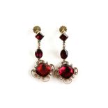 Antique foil backed red paste and seed pearl drop earrings, with later screw back fitting for non