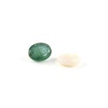 Loose oval cabochon cut opal, 11 x 9 x 3mm, and oval cut emerald, estimated weight 3.42 carats