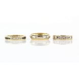 Three eternity rings, one sapphire and diamond full eternity ring, with a repeating pattern of