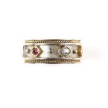 Ruby and old cut diamond dress ring, set with four old cut diamonds, and three round cut rubies,