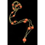 Vintage coral necklace, fourteen coral beads measuring between 8.3-17.2mm in diameter, each with