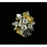 Abstract old cut diamond ring, six old cut diamonds, weighing an estimated total of 1.10 carats,